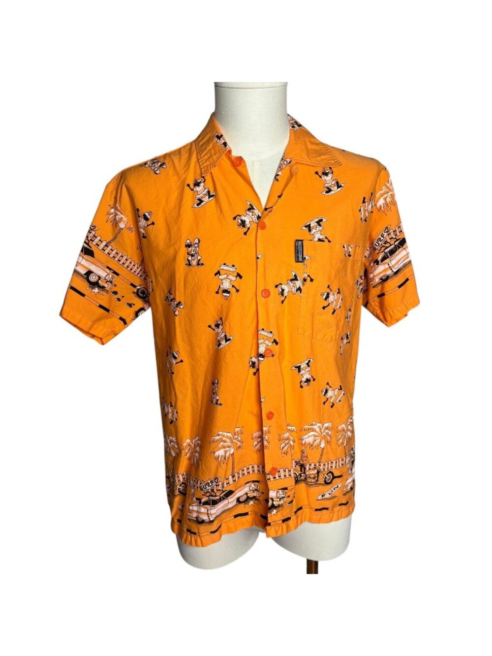 Vintage Hawaiian Button Up Camp Shirt Large Orange Cartoon Surfing Motorcycle